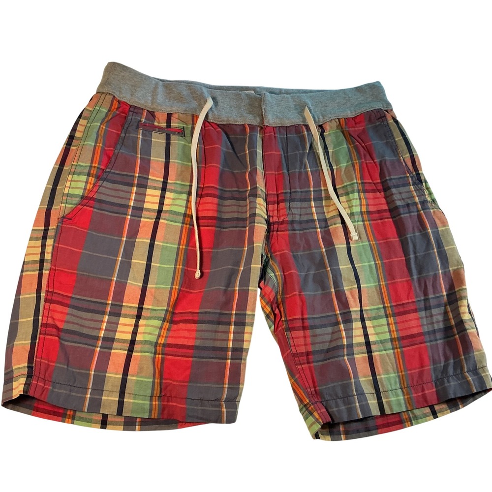 True Grit Mens Plaid Madras Shorts Red Green Multi Color Elastic Waist Size XL38